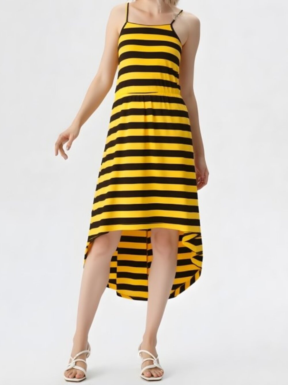 Striped High Low Adjustable Spaghetti Strap Dress